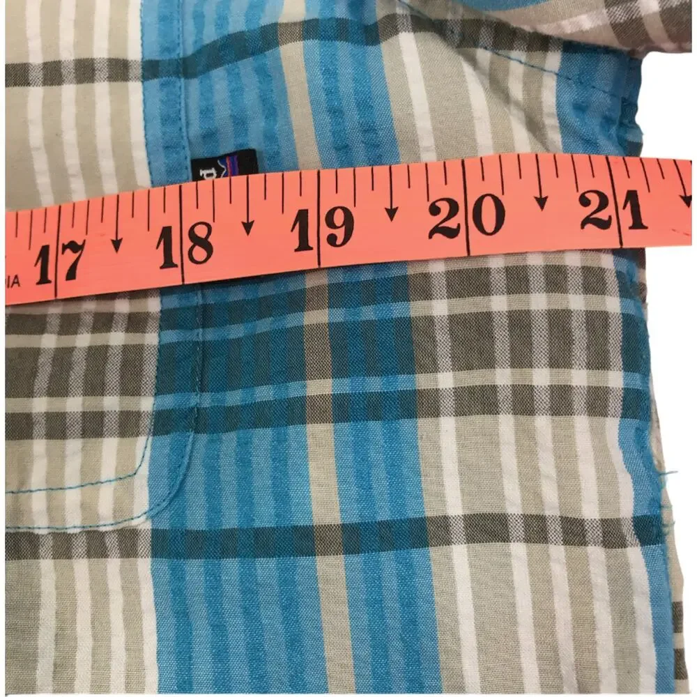 PATAGONIA Puckerware Plaid Short Sleeve Shirt Men M Blue Classic Crinkle Resort